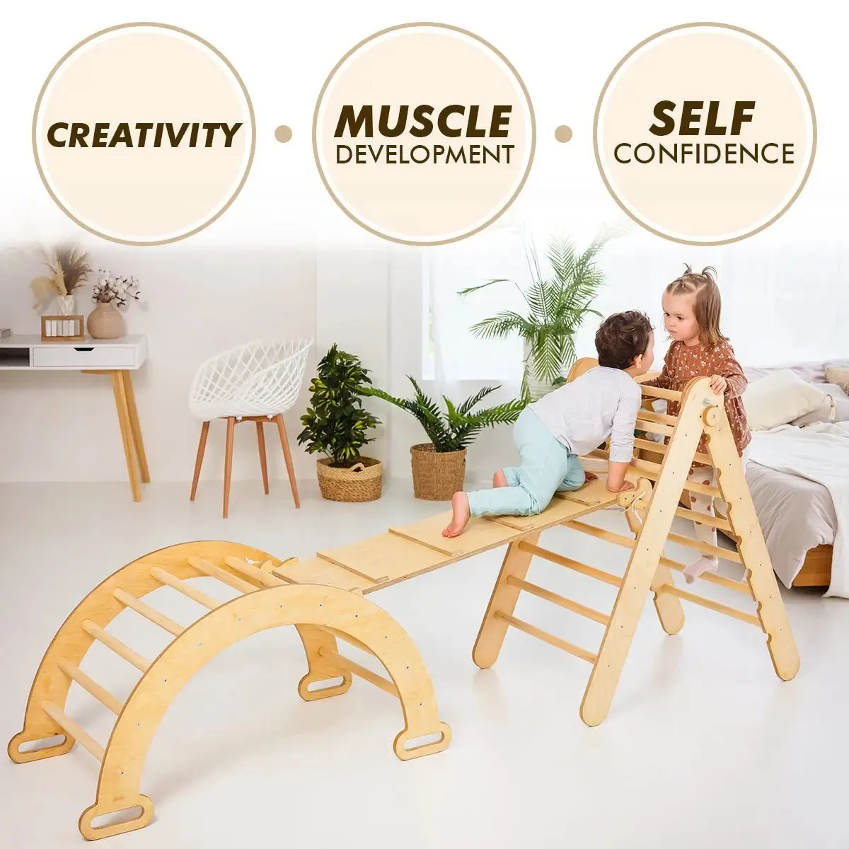 3in1 Montessori Climbing Set: Triangle Ladder   Wooden Arch   Slide Board – Beige NEW