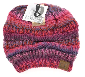 CC Beanie Messy Bun Multi Color Cable Knit