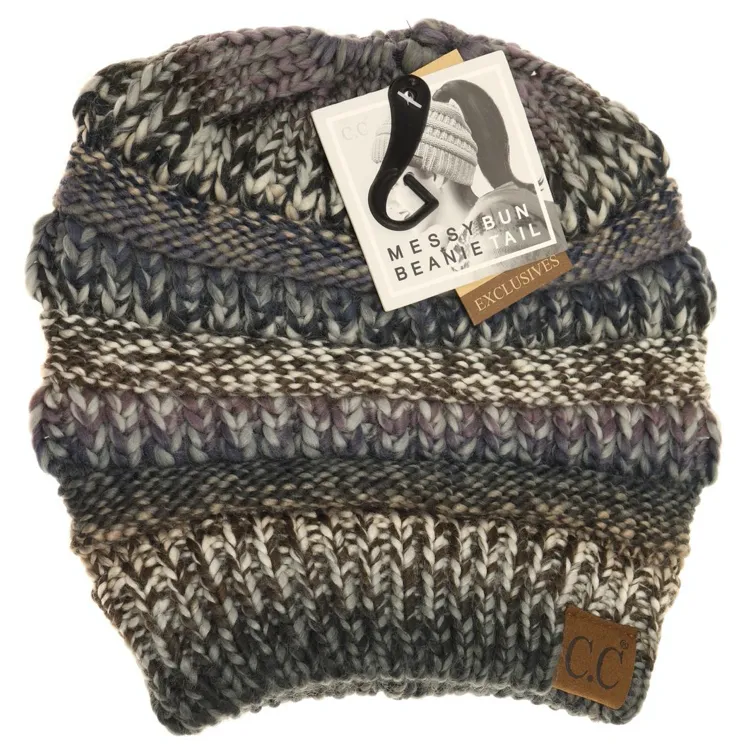 CC Beanie Messy Bun Multi Color Cable Knit