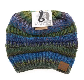CC Beanie Messy Bun Multi Color Cable Knit