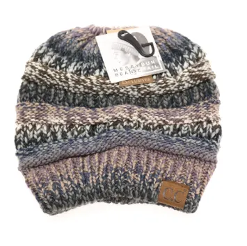 CC Beanie Messy Bun Multi Color Cable Knit