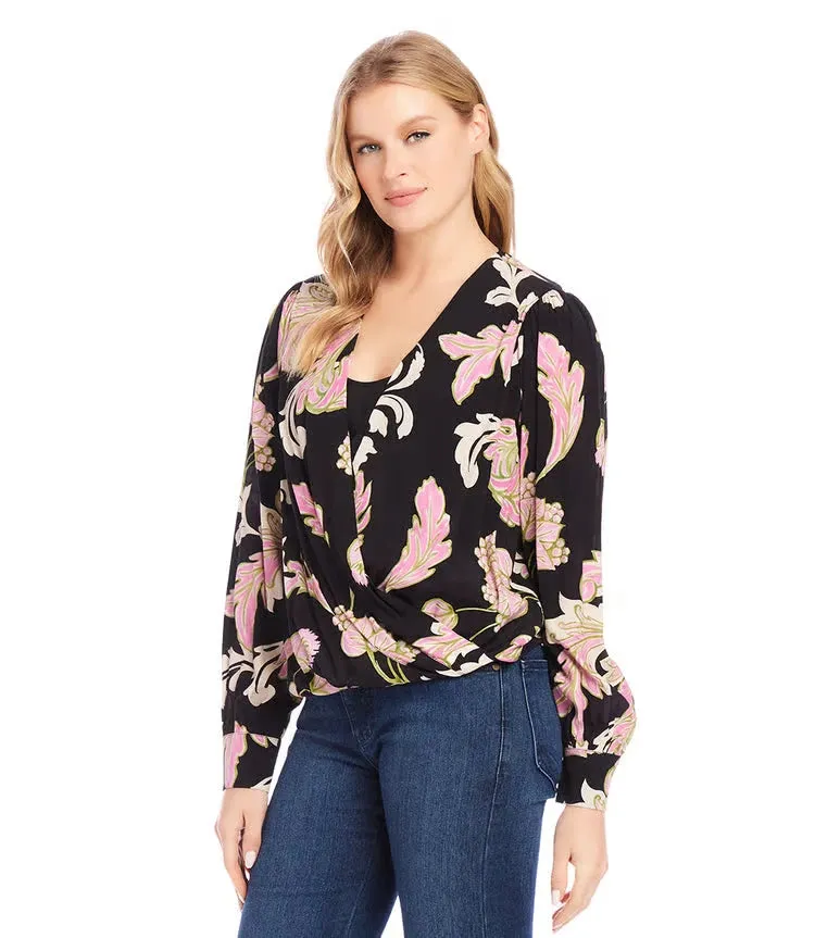 Dariana Drape Front Top in Pink Multi Floral Print - Karen Kane 4L16802