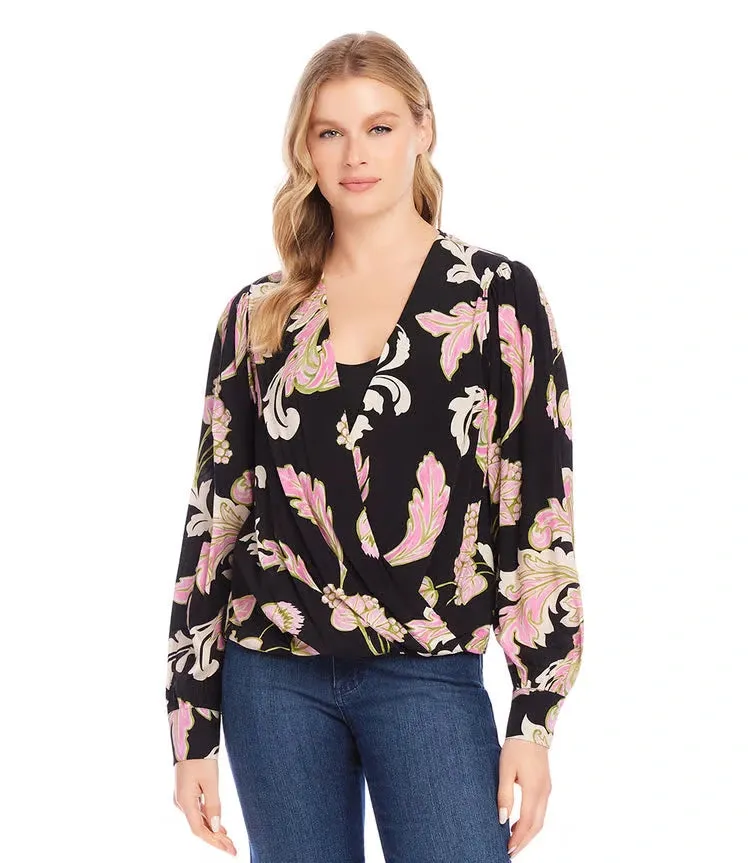 Dariana Drape Front Top in Pink Multi Floral Print - Karen Kane 4L16802