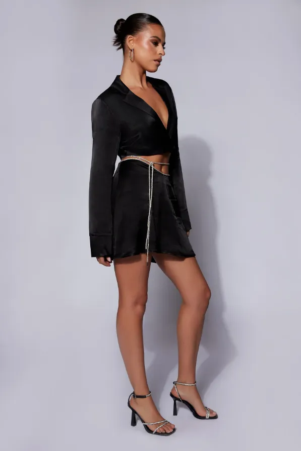 TALULAH RHINESTONE DIAMANTE  EMBELLISHED SATIN MINI FLUTE SKIRT  - Jet black