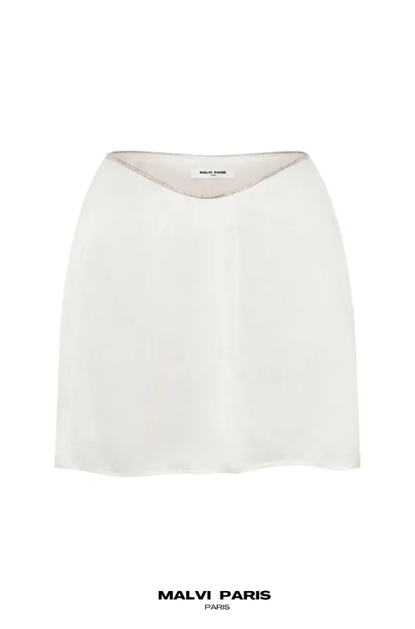 TALULAH RHINESTONE DIAMANTE  EMBELLISHED SATIN MINI FLUTE SKIRT  - Snow white