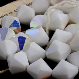 Vintage tin cut faceted chalk white bicones with partial AB finish, Czechoslovakia 1950-60s 10mm Pkg of 8. b11-bw-1093(e)