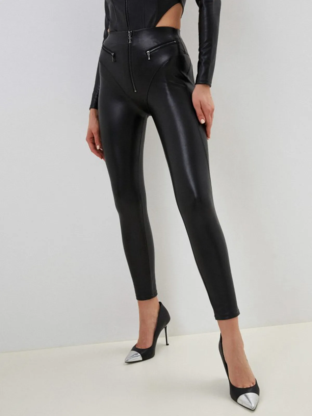 ZASUWA Female Fly-eye PU Zipper Hip-lift Leggings