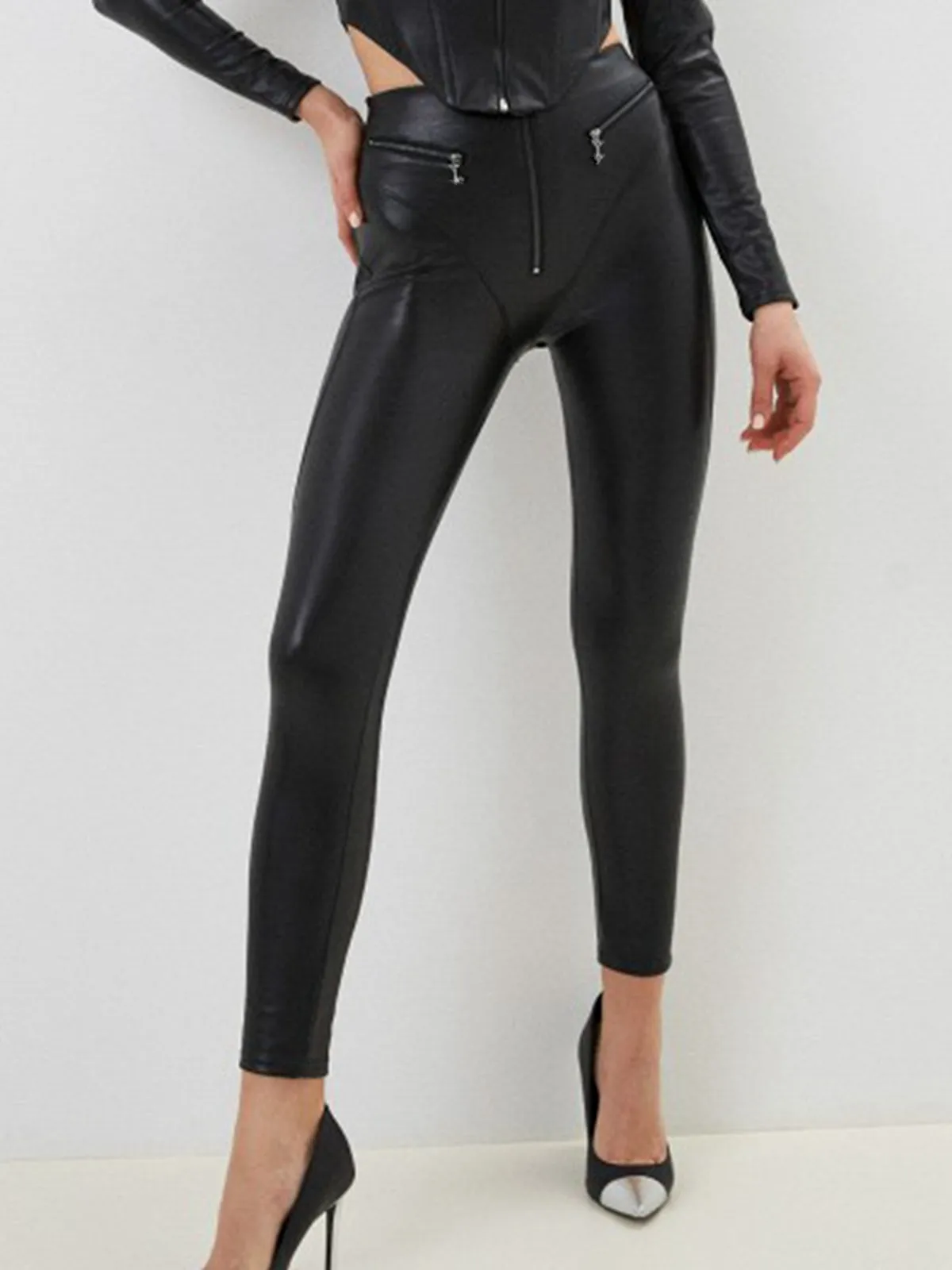 ZASUWA Female Fly-eye PU Zipper Hip-lift Leggings